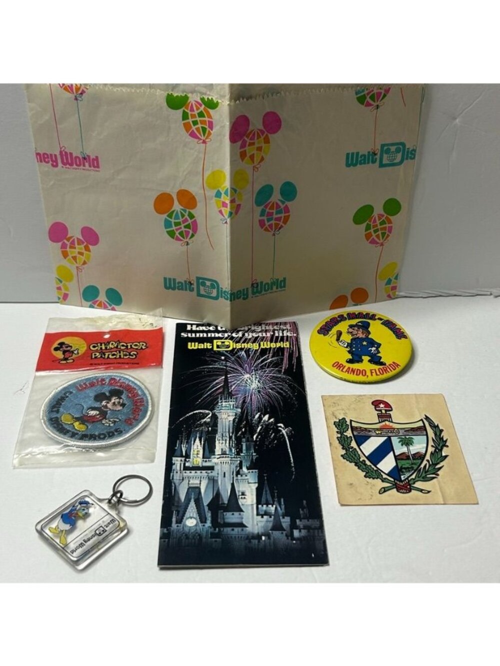 Vintage Walt DisneyWorld Memorabilia Patch Keychain HallofFame Pin Brochure Bag